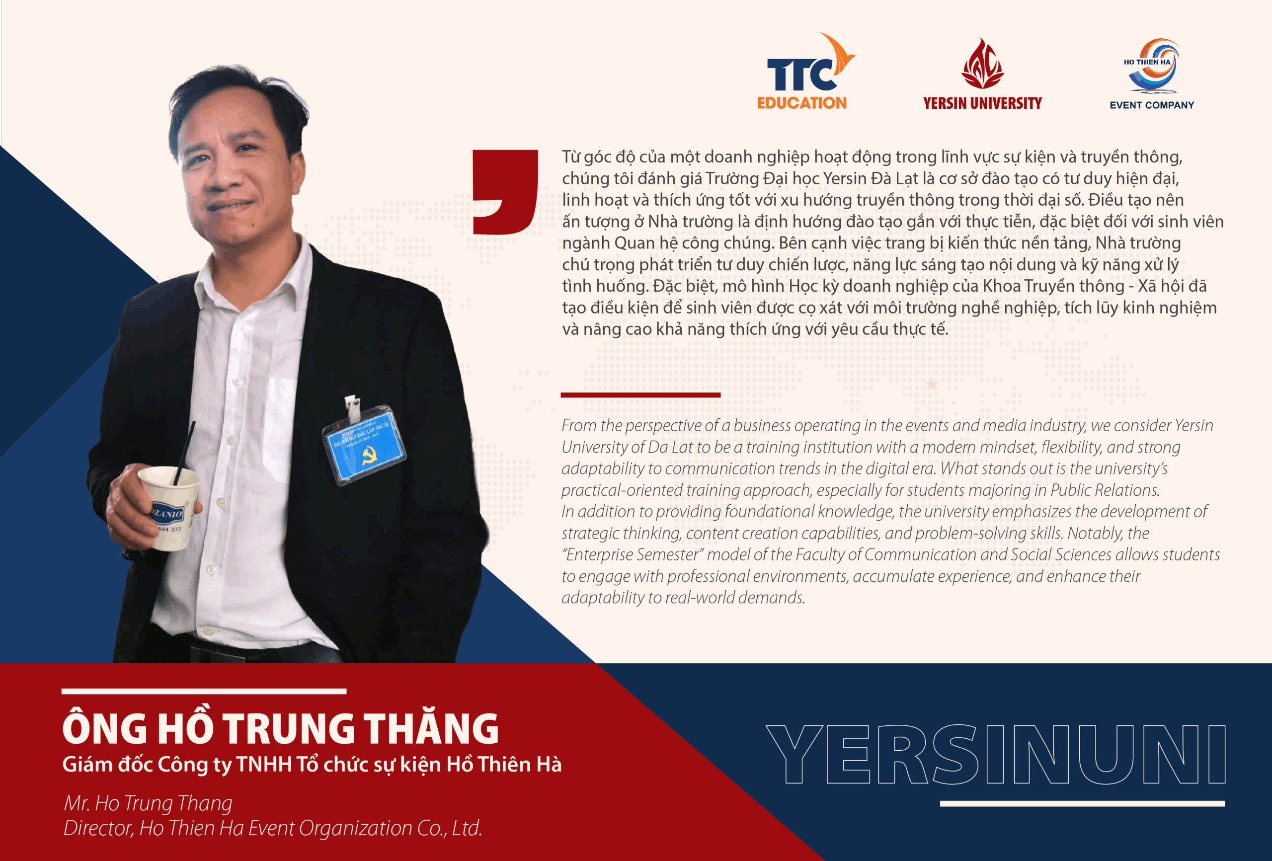 Ông Hồ Trung Thăng – Giám đốc Công ty TNHH Tổ chức sự kiện Hồ Thiên Hà chia sẻ về YersinUni
