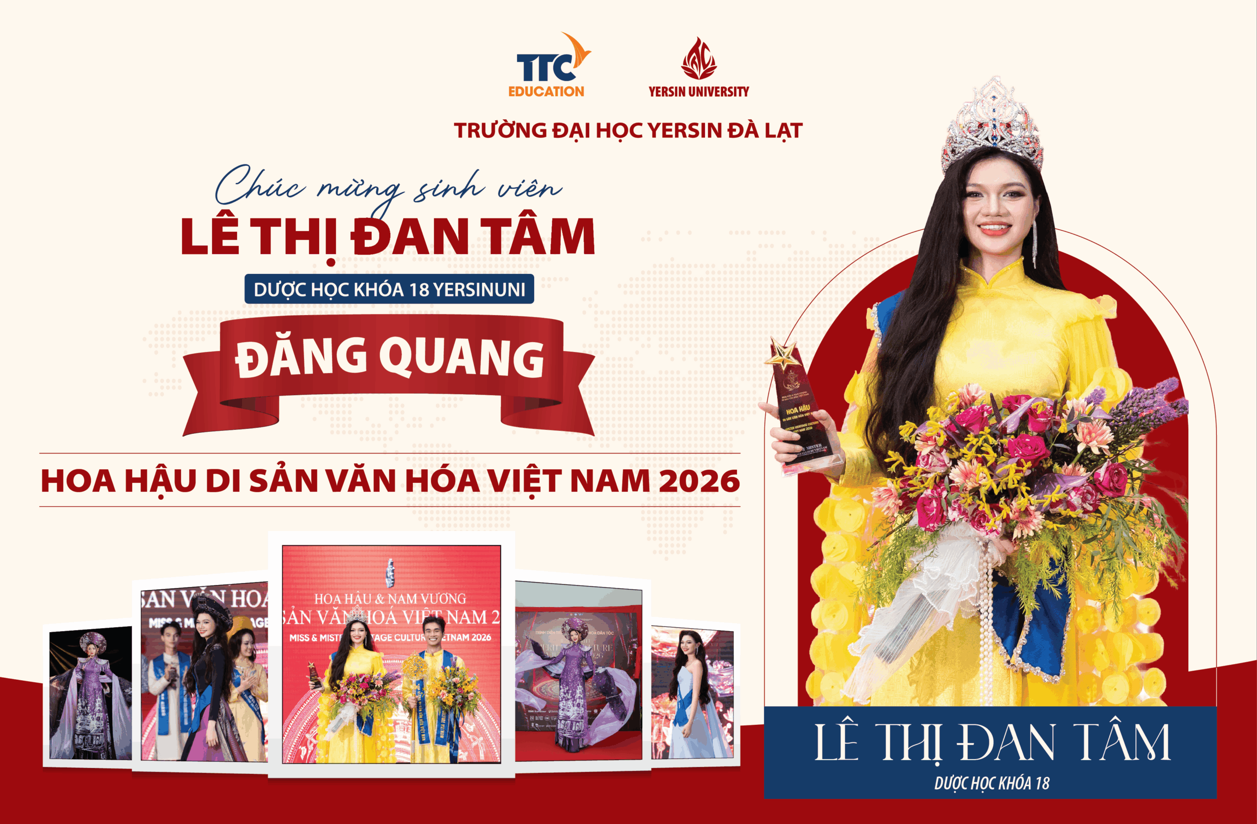 Chúc mừng Đan Tâm – sinh viên YersinUni đăng quang Hoa hậu Di sản Văn hóa Việt Nam 2026
