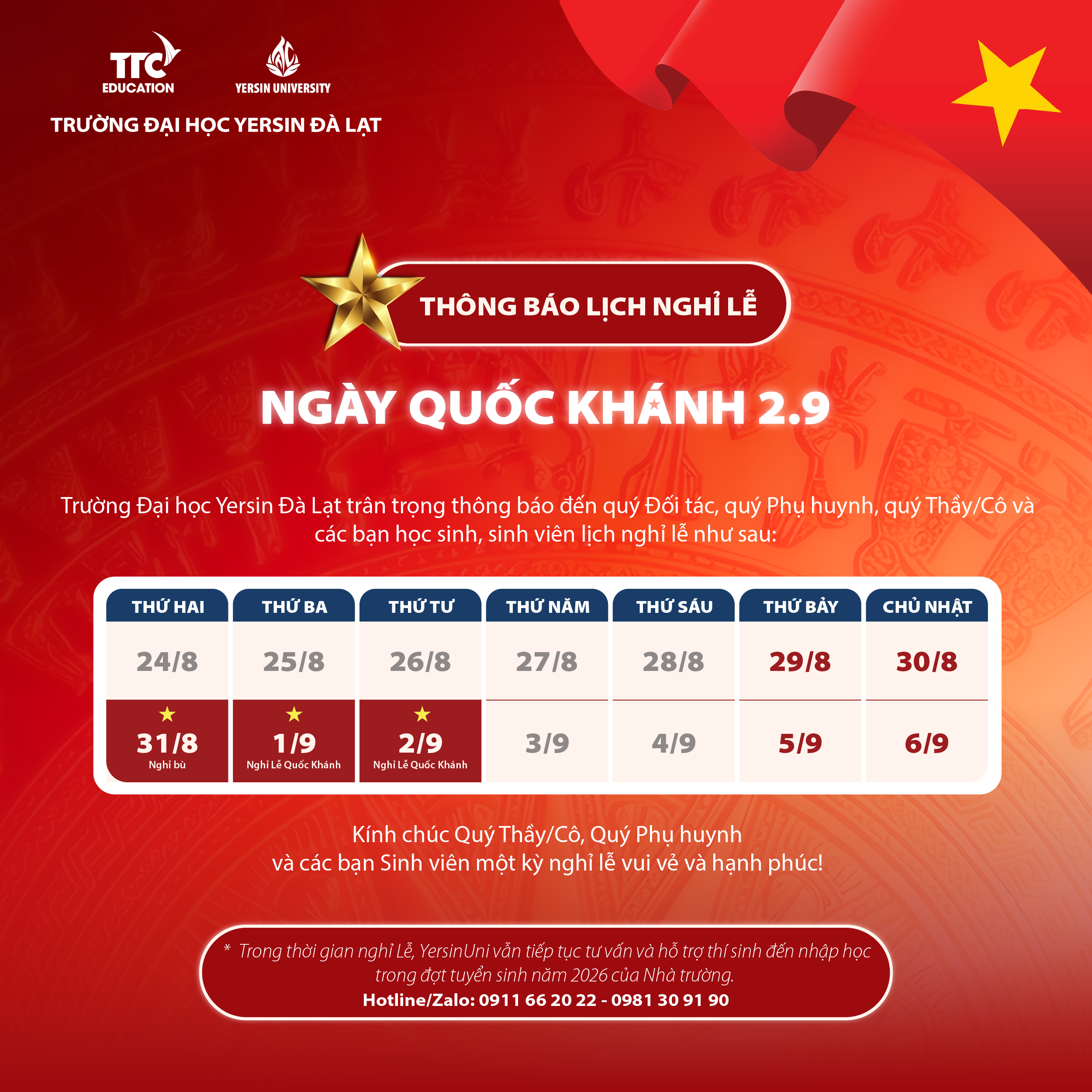YersinUni thông báo lịch nghỉ Lễ Quốc Khánh 2/9/2026