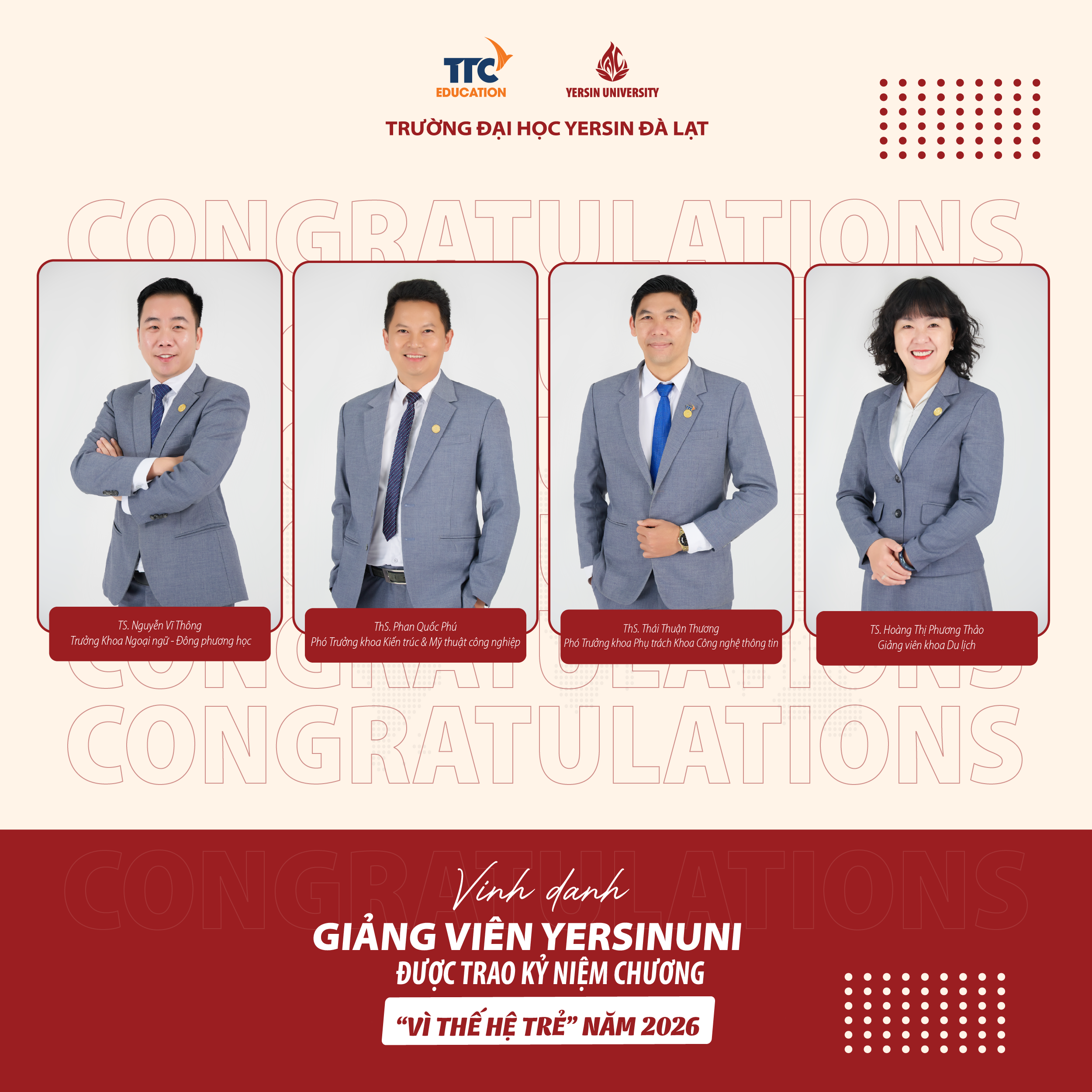 Giảng viên YersinUni vinh dự nhận kỷ niệm chương “Vì thế hệ trẻ” năm 2026